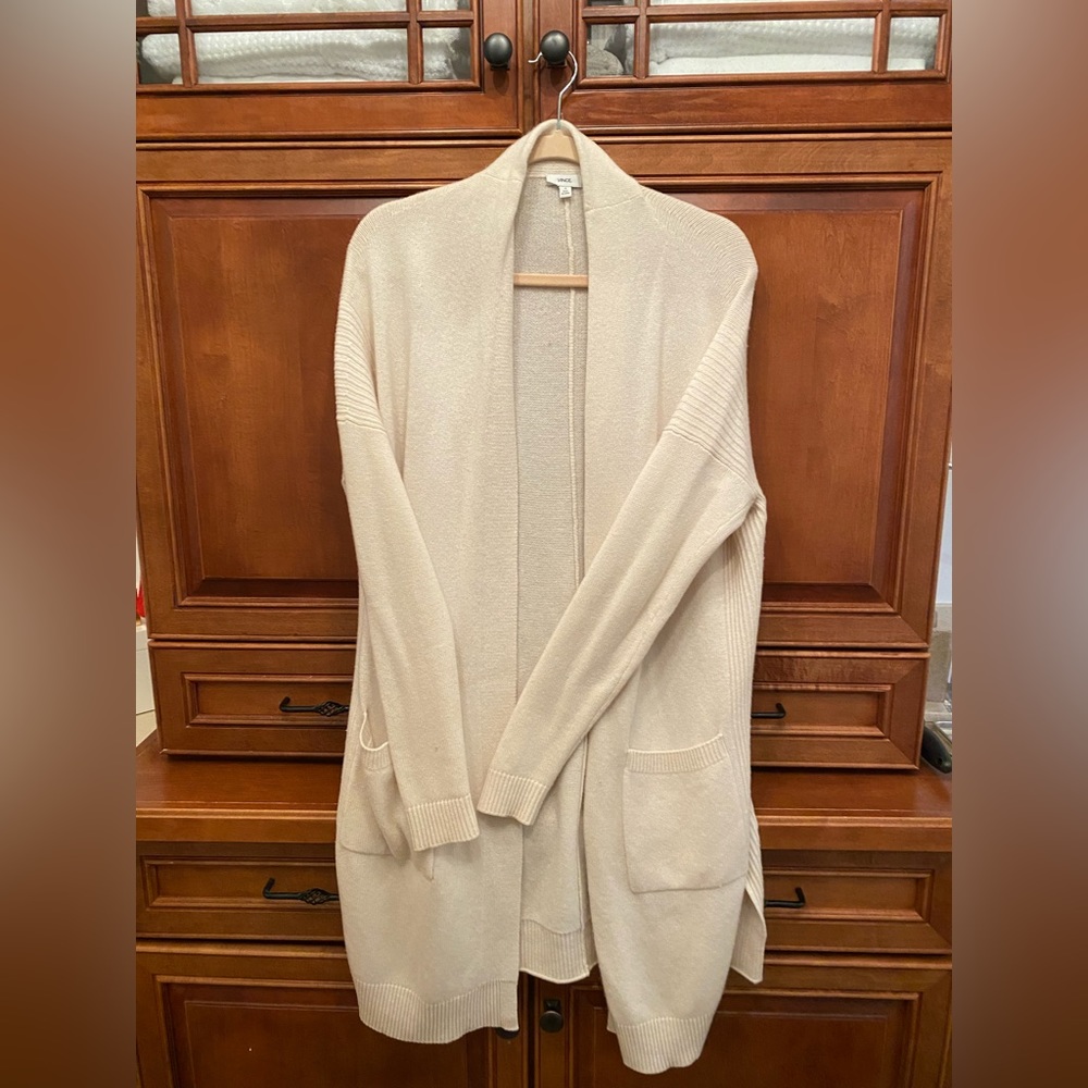 Vince brand size small but fits loose medium person fit. Longer cardigan.